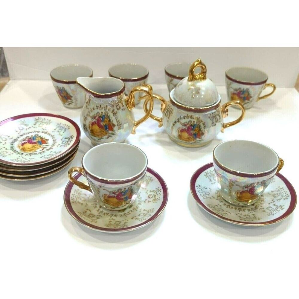China Lustreware Tea Set Victorian Made in China Creamer/Sugar 6 cups 6 saucers